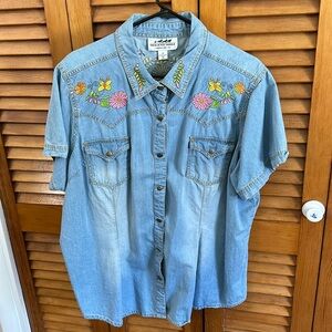 BACK IN THE SADDLE Women blu Floral Embroidery Western Rodeo Cowboy Shirt-2x F14